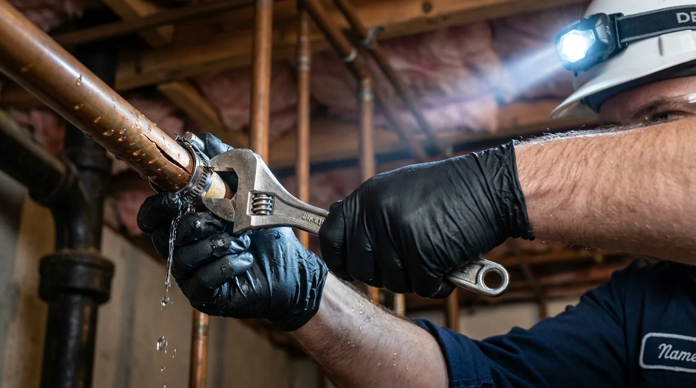 Emergency pipe clamp repair being performed by a Johns Plumbing LLC plumber in Seadrift