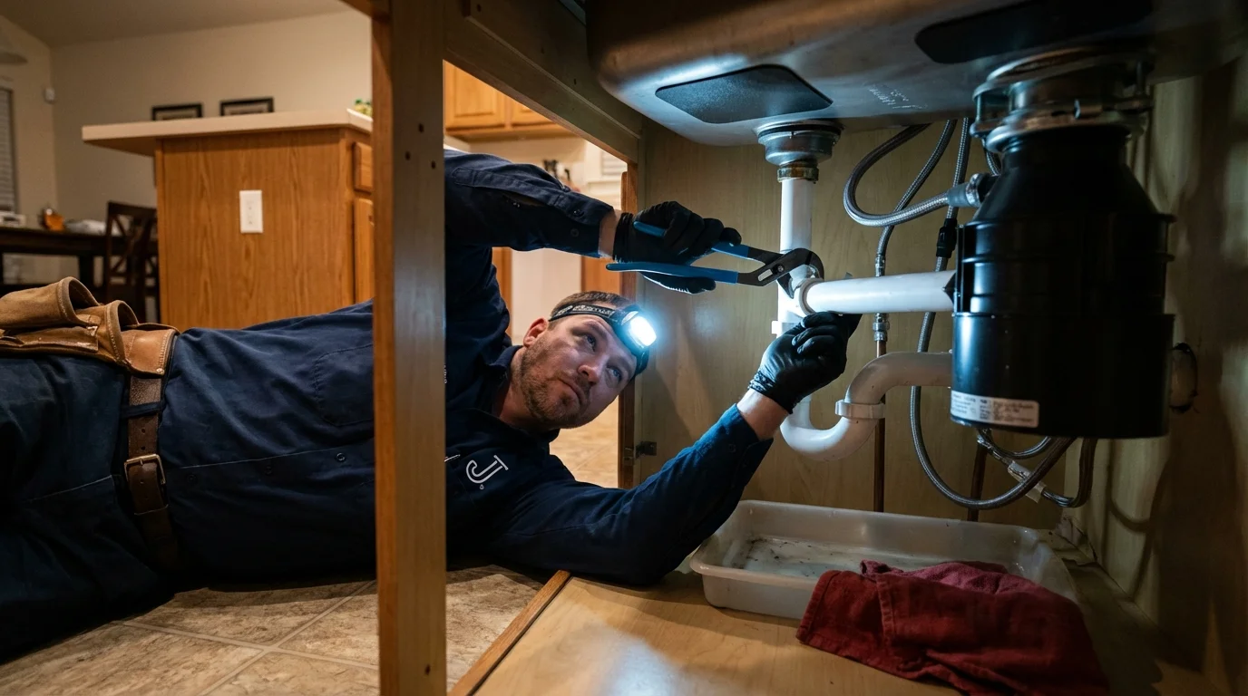 P-trap and supply line connections under a kitchen sink showing a common leak point in Seadrift, TX